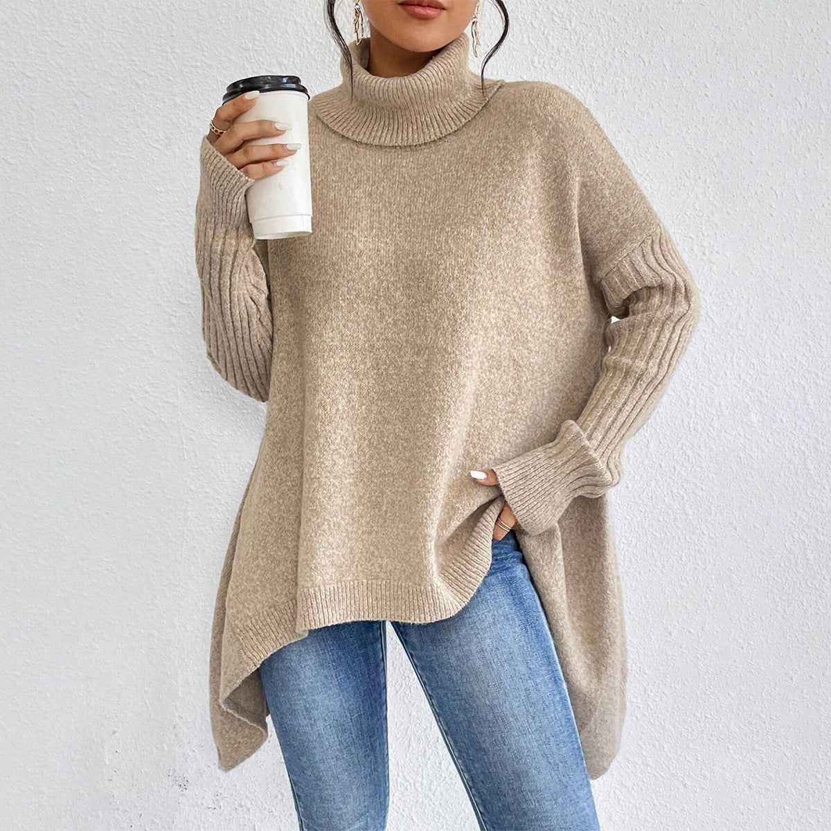 Irregular Turtleneck Sweater Winter Loose Long Sleeve Knitted Tops Leisure Warm Pullover Sweater Women's Clothing - parlezmode.com