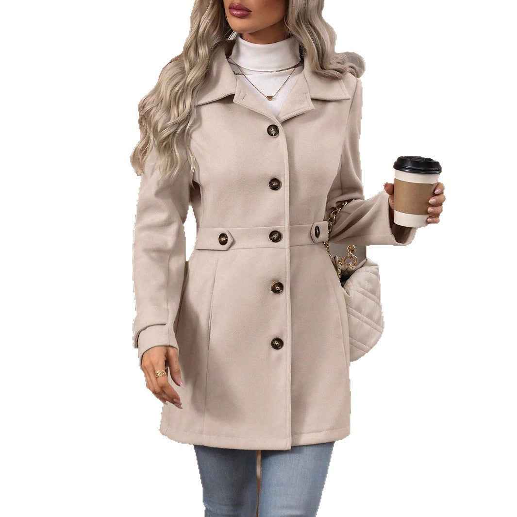 Elegant Single - breasted Woolen Coat Buttons Lapel Mid - length Jacket Temperament Commuter Outwear Clothing For Women - parlezmode.com