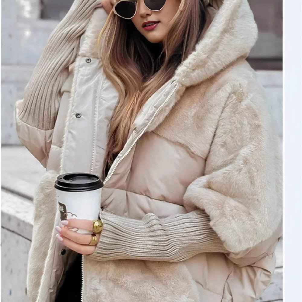 Women's Loose Cotton Coat Faux Fur Patchwork Winter Coat Comfort Chic Long Sleeve Hooded Jacket