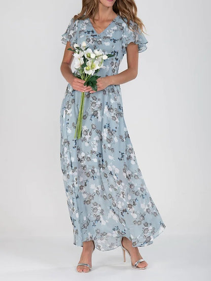 Floréane® | Robe Longue Évasée à Imprimé Floral et Manches Volantes