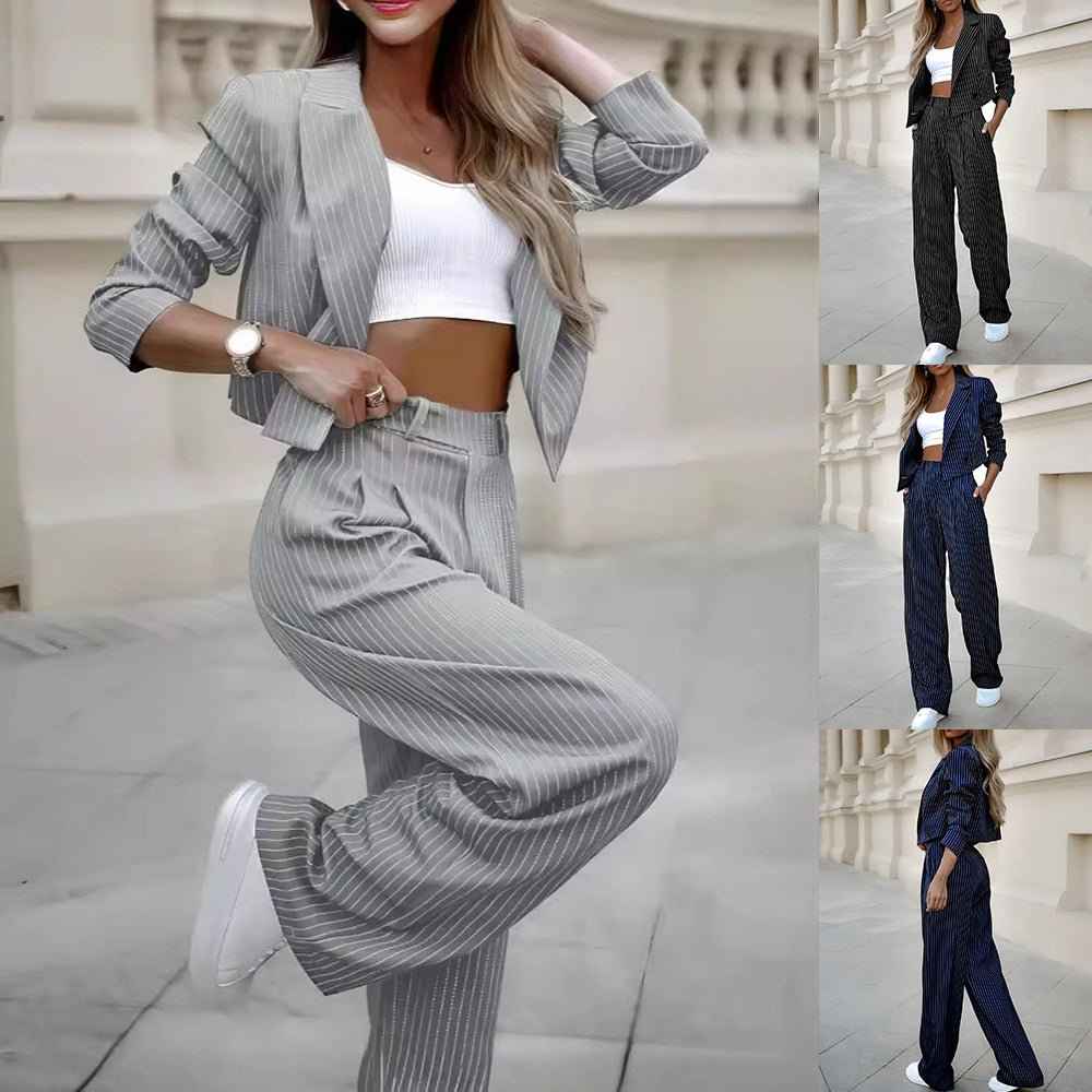 Women's Spring Fashion Striped Suits Casual Lapel Long Sleeve Cropped Top And Straight Pants Outfits Women's Clothing