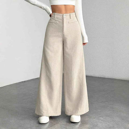 Pantalon femme taille haute ample effet amincissant, uni, coupe large style “mop”