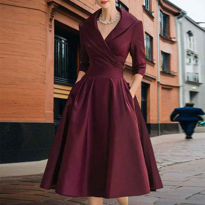Robe mi - longue élégante pour femme à col en V croisé, jupe évasée et poches — tenue chic de printemps/été - parlezmode.com
