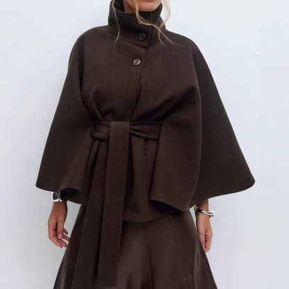 Winter High Neck Batwing Sleeve Coat With Belt Fashion Loose Elegant Button Top Trench Coat For Women Clothing