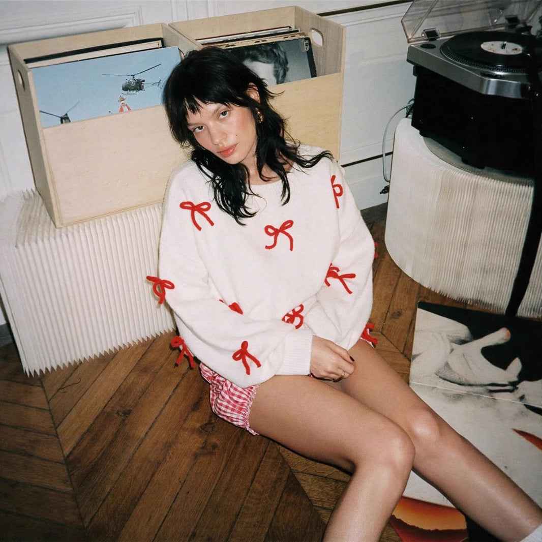 Red Bow Decoration Loose Crew Neck Pullover Sweater Women - parlezmode.com