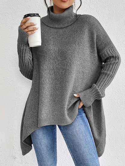 Irregular Turtleneck Sweater Winter Loose Long Sleeve Knitted Tops Leisure Warm Pullover Sweater Women's Clothing - parlezmode.com