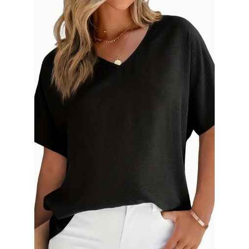 Solid Versatile Blouse, Casual V Neck Short Sleeve Blouse, Women's Clothing
