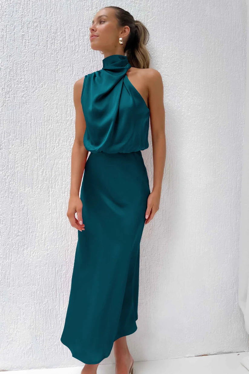 Orivelle® | Robe Longue Drapée Col Montant Chic Soirée