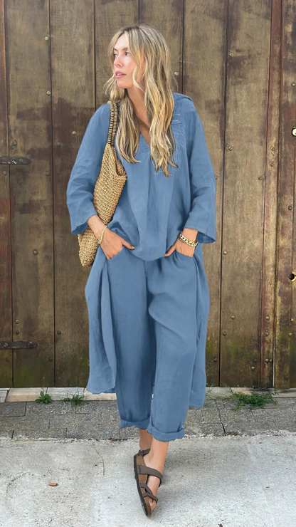 Nivalora® | Ensemble Décontracté Élégant 2 Pièces Col V & Pantalon Large