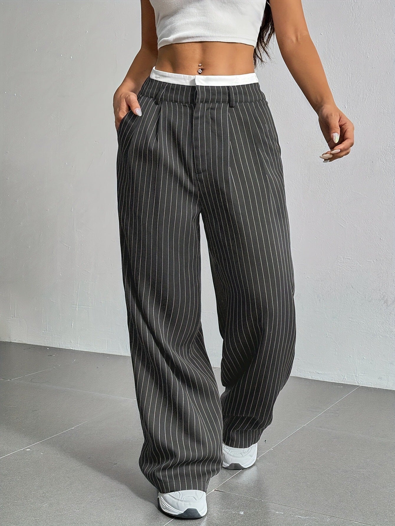 Selmirae® | Pantalon Droit Taille Haute à Rayures Élégantes