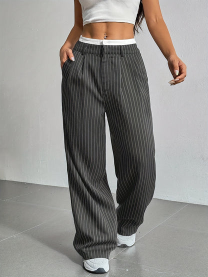 Selmirae® | Pantalon Droit Taille Haute à Rayures Élégantes