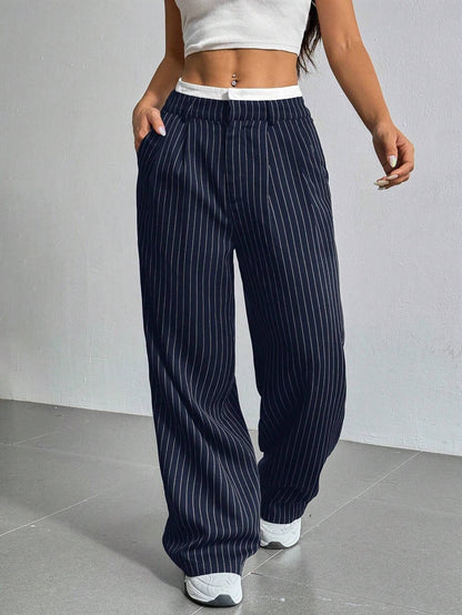 Selmirae® | Pantalon Droit Taille Haute à Rayures Élégantes