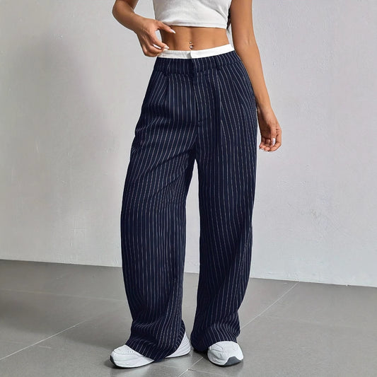 Selmirae® | Pantalon Droit Taille Haute à Rayures Élégantes