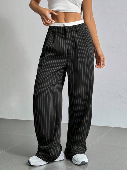 Selmirae® | Pantalon Droit Taille Haute à Rayures Élégantes