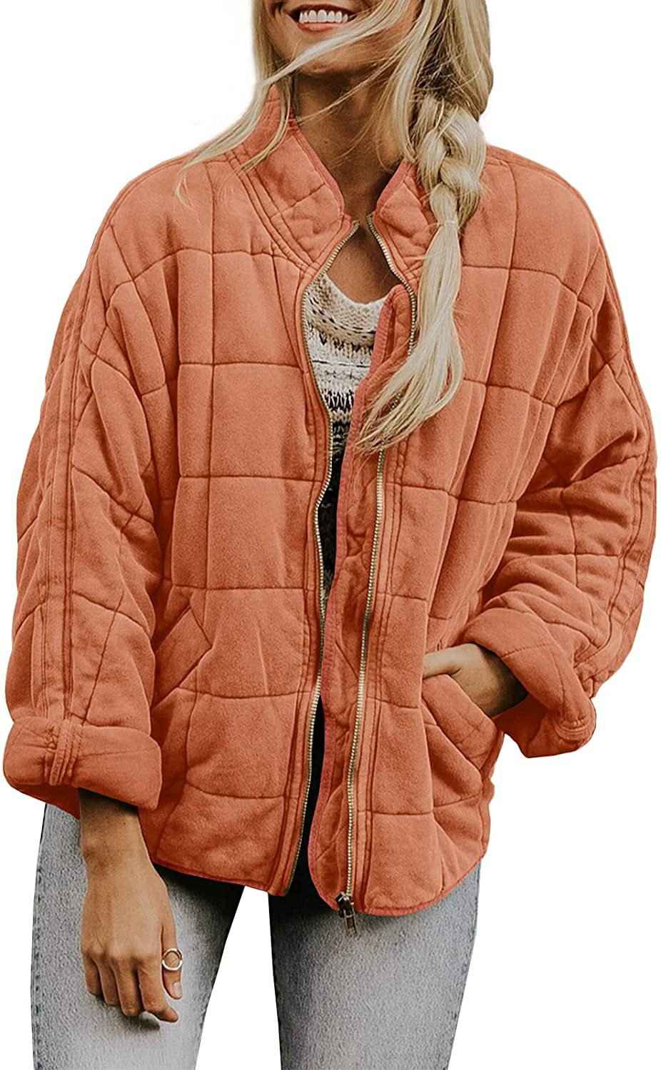 Winter Zip-up Stand Collar Coat With Pockets Fashion Solid Color Plaid Long Sleeved Jacket Women's Clothing