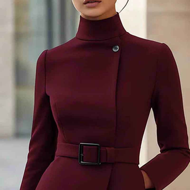 Women's Stand Collar Long Sleeve Dress, Elegant High Waist Belted Midi Dress, Slim Fit Office Formal Dress - parlezmode.com