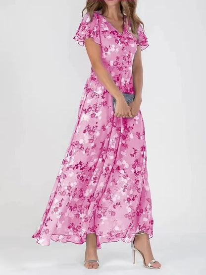 Floréane® | Robe Longue Évasée à Imprimé Floral et Manches Volantes