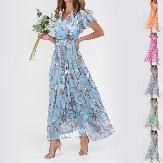 Floréane® | Robe Longue Évasée à Imprimé Floral et Manches Volantes