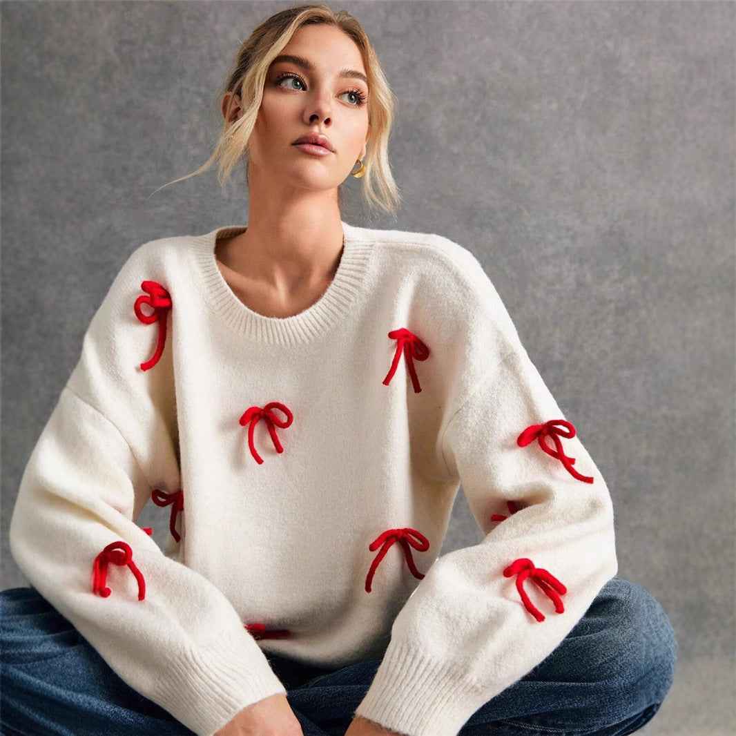 Red Bow Decoration Loose Crew Neck Pullover Sweater Women - parlezmode.com