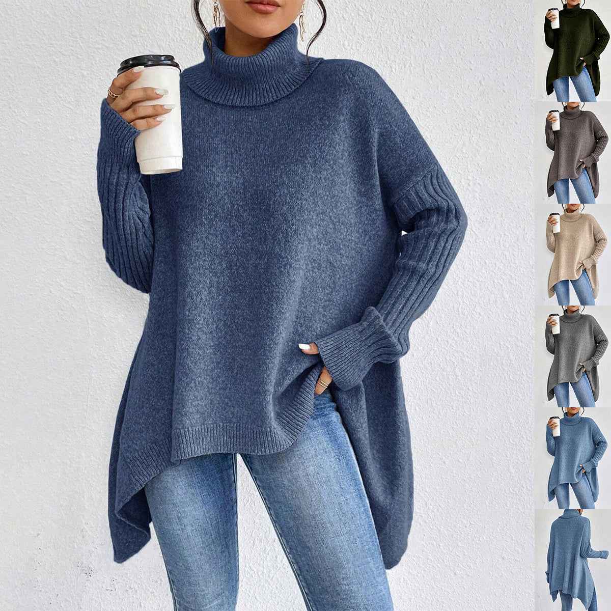 Irregular Turtleneck Sweater Winter Loose Long Sleeve Knitted Tops Leisure Warm Pullover Sweater Women's Clothing - parlezmode.com
