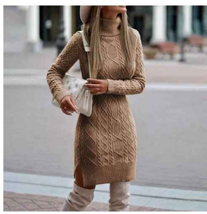 Fashion Turtleneck Knitted Dress With Slit Design Winter Warm Solid Color Pullover Long Sweater Women's Clothing