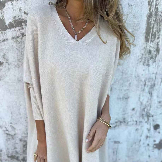 Chemise longue en maille à manches longues et col en V pour femme