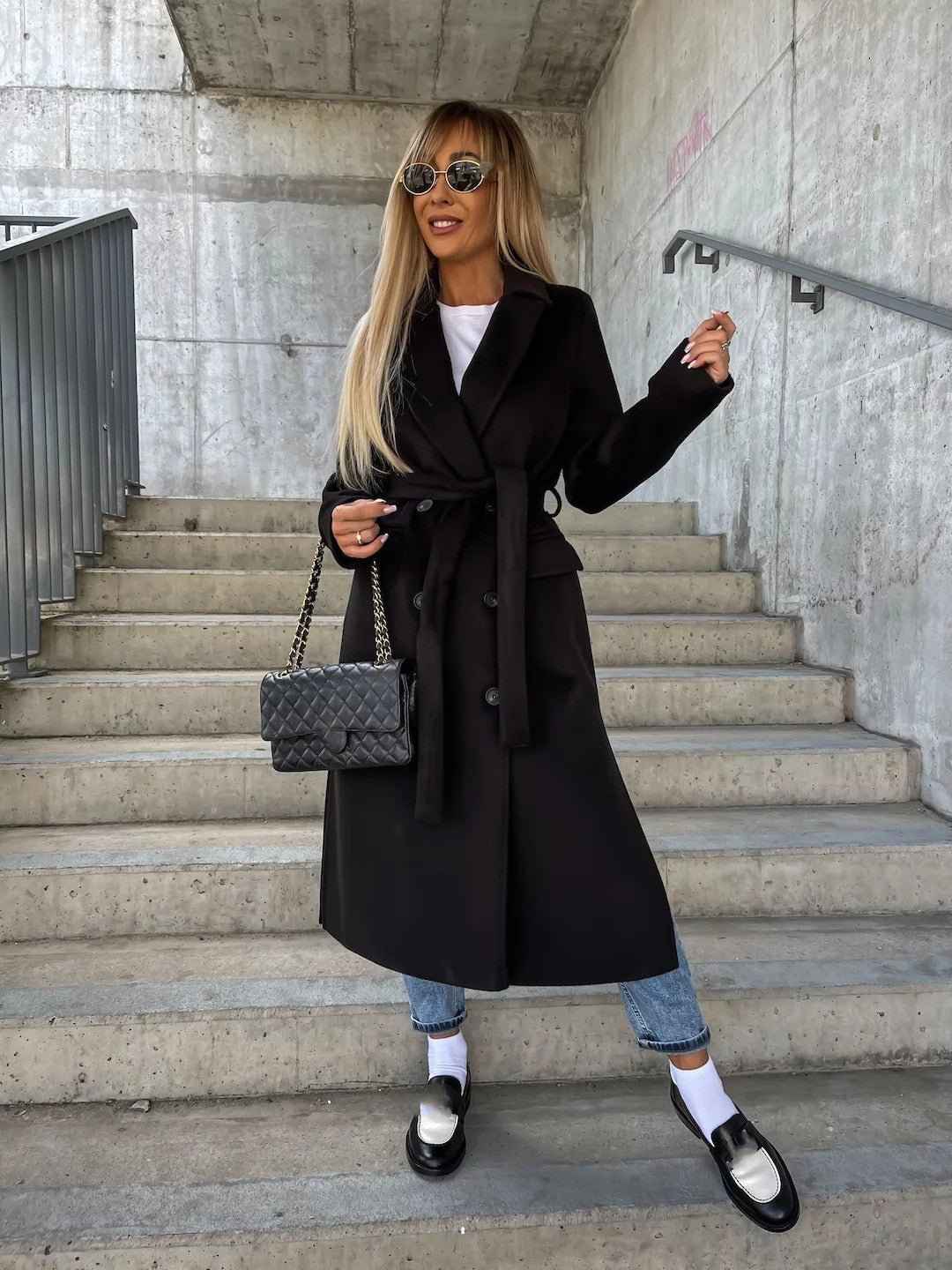 Double-breasted Lapel Split Jacket With Belt Winter Fashion Casual Long Sleeve Button Daily Coats For Women Clothing