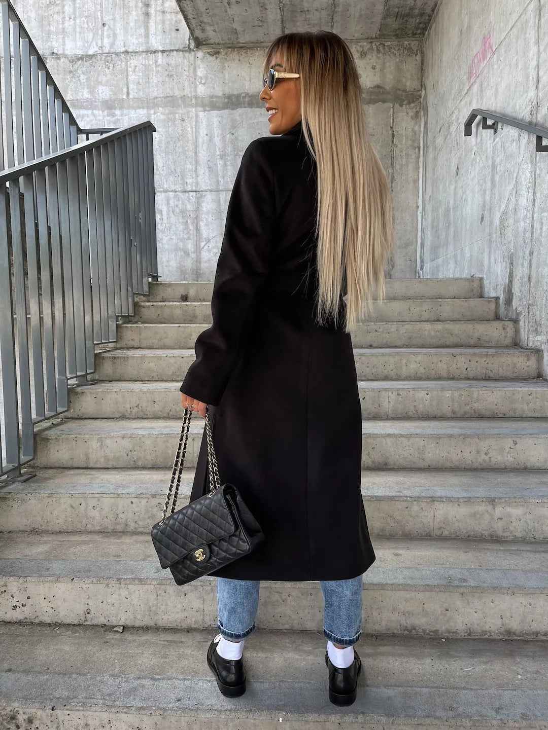 Double-breasted Lapel Split Jacket With Belt Winter Fashion Casual Long Sleeve Button Daily Coats For Women Clothing