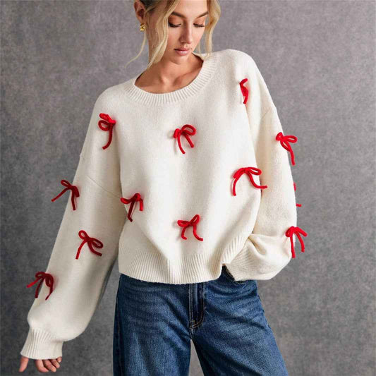 Red Bow Decoration Loose Crew Neck Pullover Sweater Women - parlezmode.com