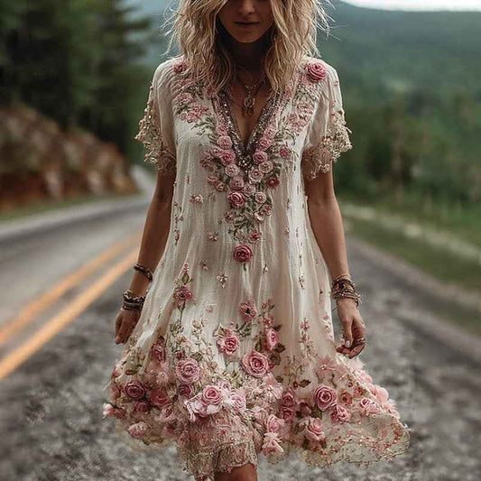 Robe à rayures fleuries élégante pour femme