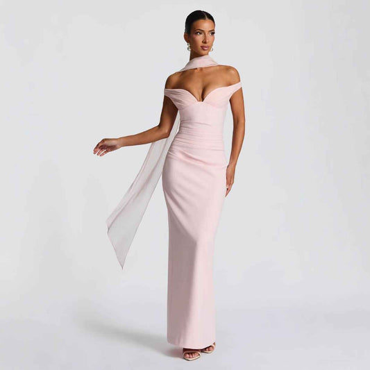 Robe Longue Sexy Épaules Dénudées – Taille Haute, Style Soirée Élégante (Rose & Marron)