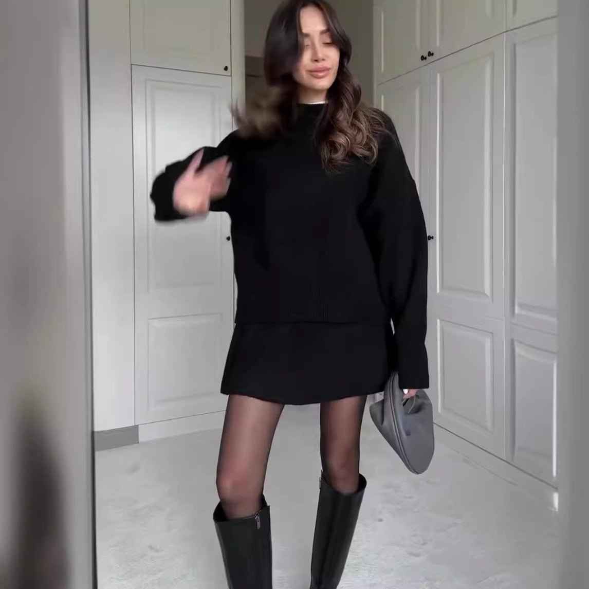 Sweater Skirt Sets For Women 2 Pieces Knit Casual Versatile Long Sleeve Pullover Elegant Solid High Waist Mini Skirt Outfit