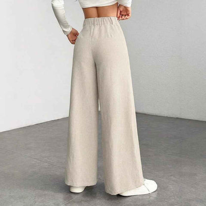 Pantalon femme taille haute ample effet amincissant, uni, coupe large style “mop”