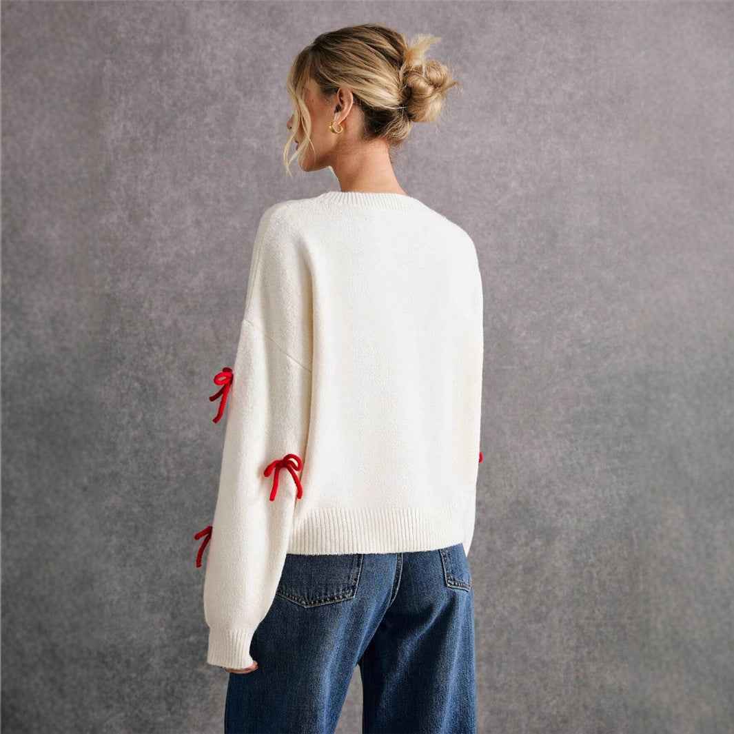Red Bow Decoration Loose Crew Neck Pullover Sweater Women - parlezmode.com