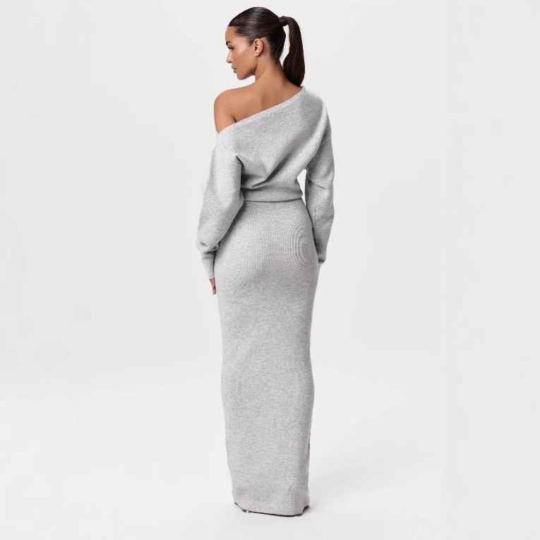 Ins Slim Long Sleeve Knitted Dress Evening Party Sexy Off-shoulder Bodycon Long Dresses