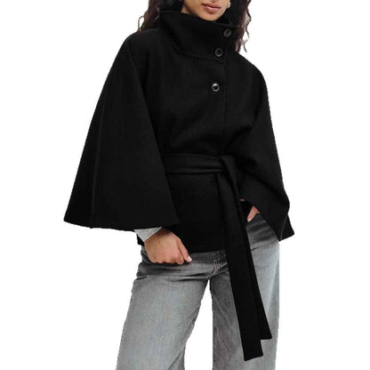Winter High Neck Batwing Sleeve Coat With Belt Fashion Loose Elegant Button Top Trench Coat For Women Clothing