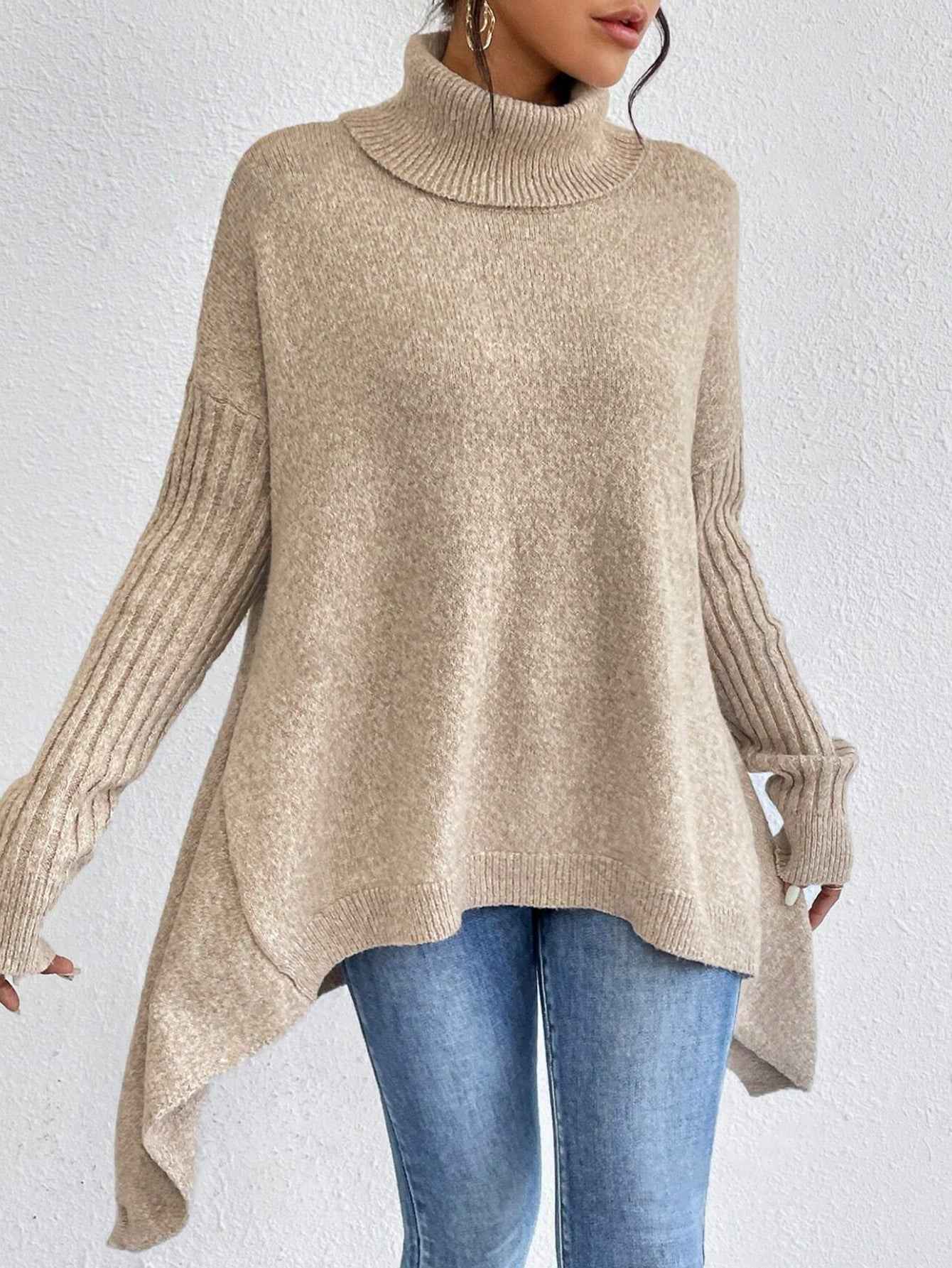 Irregular Turtleneck Sweater Winter Loose Long Sleeve Knitted Tops Leisure Warm Pullover Sweater Women's Clothing - parlezmode.com