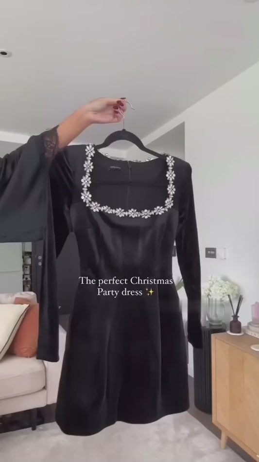Christmas Elegant Square Neck Long-sleeved Dress With Flowers Rhinestone Design Fashion A-line Short Dresses Spring Clothing For Women