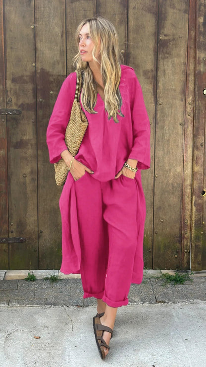 Nivalora® | Ensemble Décontracté Élégant 2 Pièces Col V & Pantalon Large